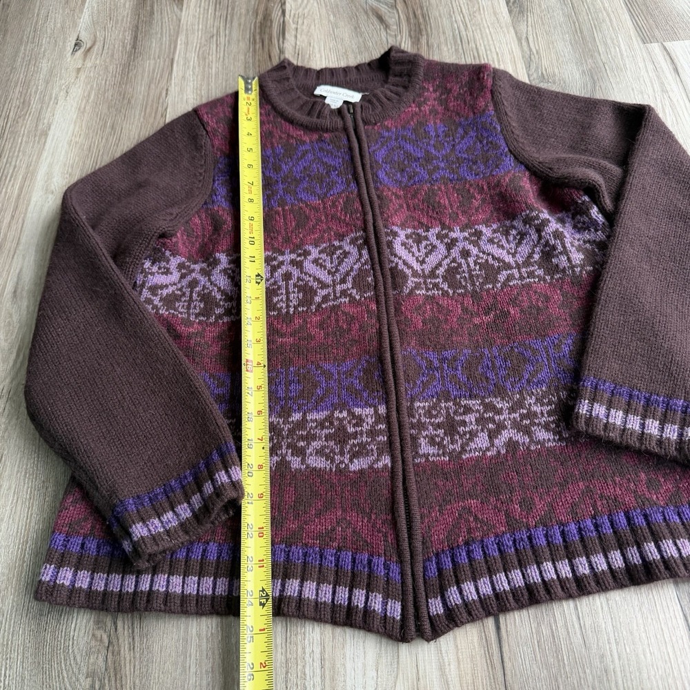 Vintage Coldwater Creek Women Brown Purple Full Zip Wool Cardigan L Fair Isle - Picture 4 of 7